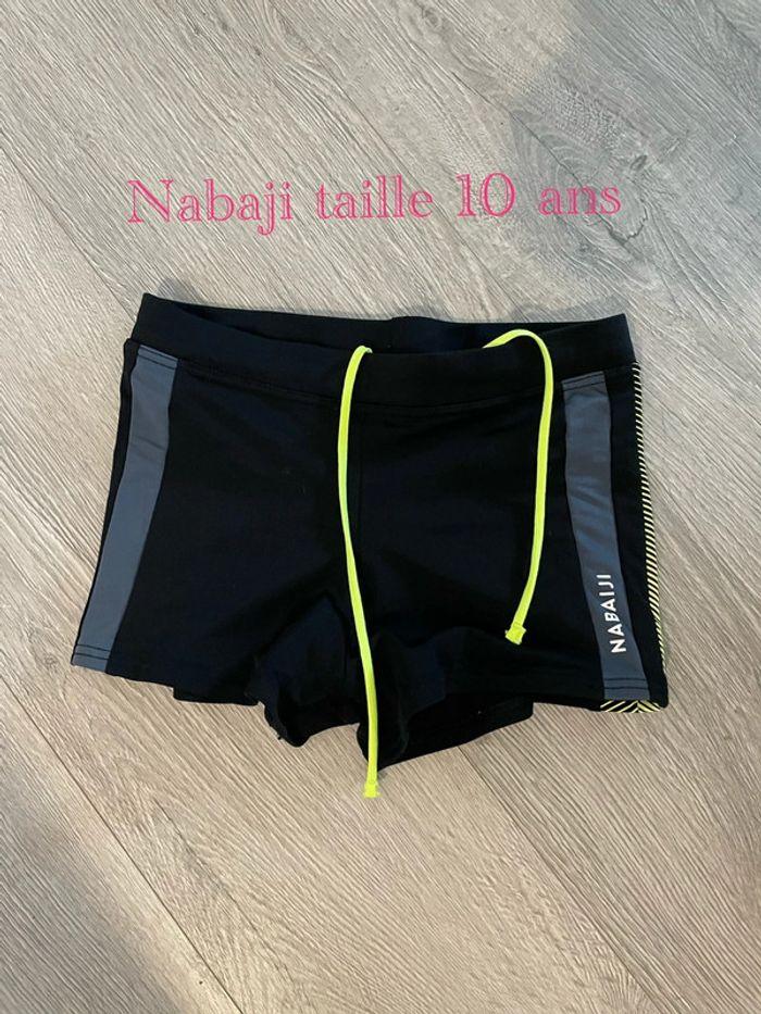 Caleçon maillot de bain noir bande gris et jaune fluo nabaiji taille 10 ans - photo numéro 1