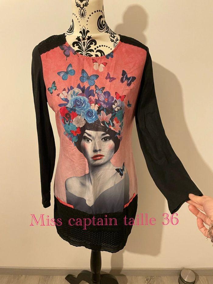 Robe à manches longues noir à motifs rose multicolore miss captain taille 36 - photo numéro 1