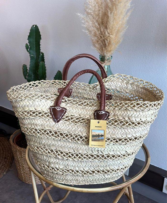 Sac panier en osier et paille tressée avec anses en cuir, fabrication artisanale, neuf - photo numéro 1