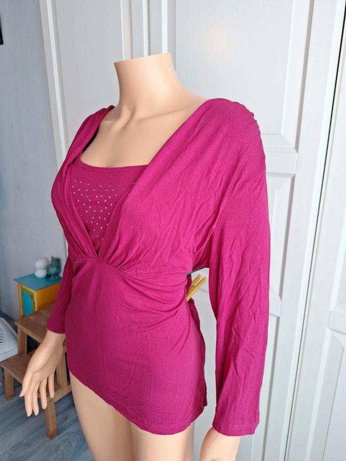 Tee-shirt top manches longues 3/4 strass Damart rose fushia taille 46 XXXL - photo numéro 3