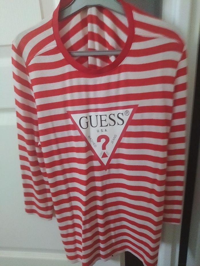 Pull Guess femme rouge et blanc rayé taille 36 - photo numéro 1