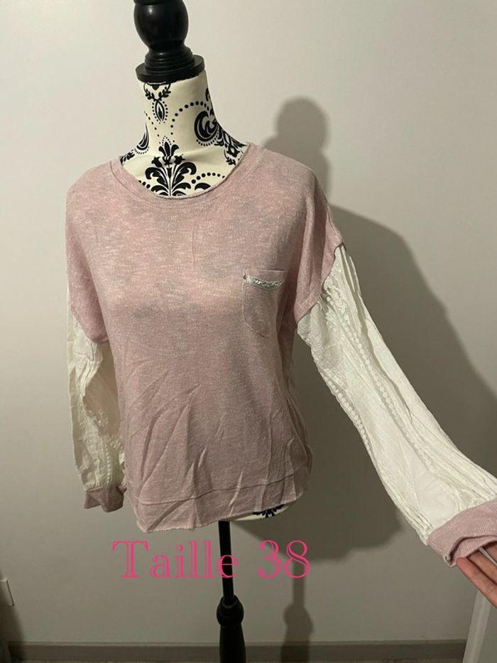 Pull à manches longues effet chemise rose clair et blanc taille 38 - photo numéro 1