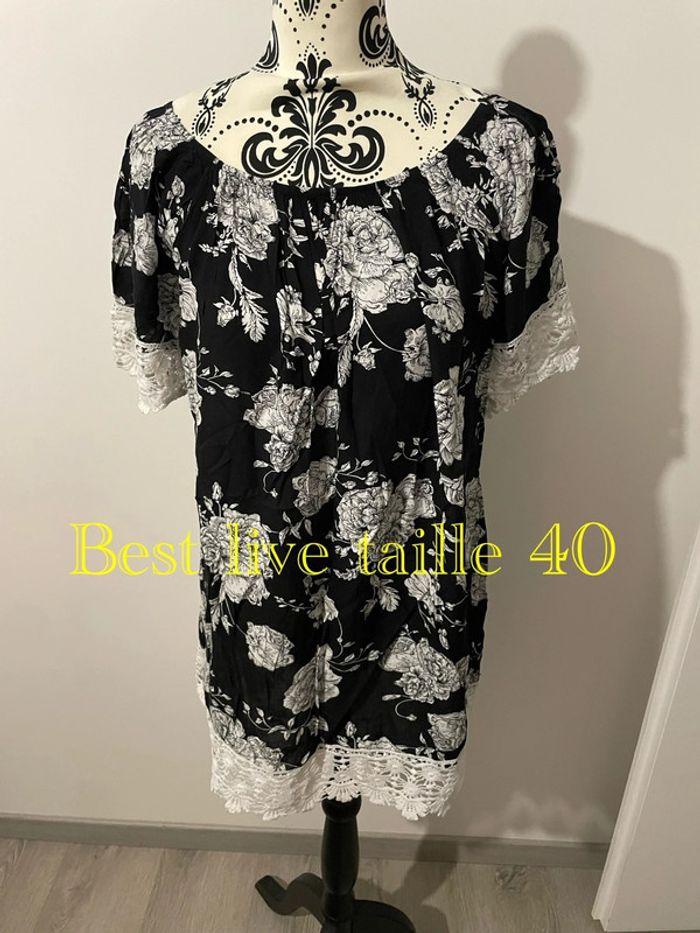 Robe de plage noir et blanc à fleurs dentelle bas et bras best live taille 40 - photo numéro 1