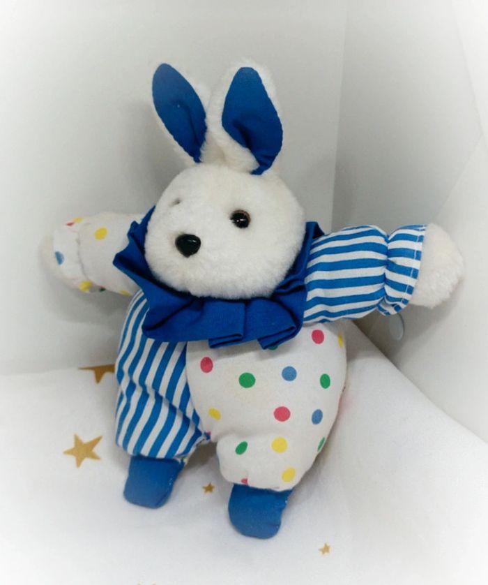 Peluche doudou lapin bunnies Bunny rabbit bleu blue blanc white rayure poids collerette berchet - photo numéro 1