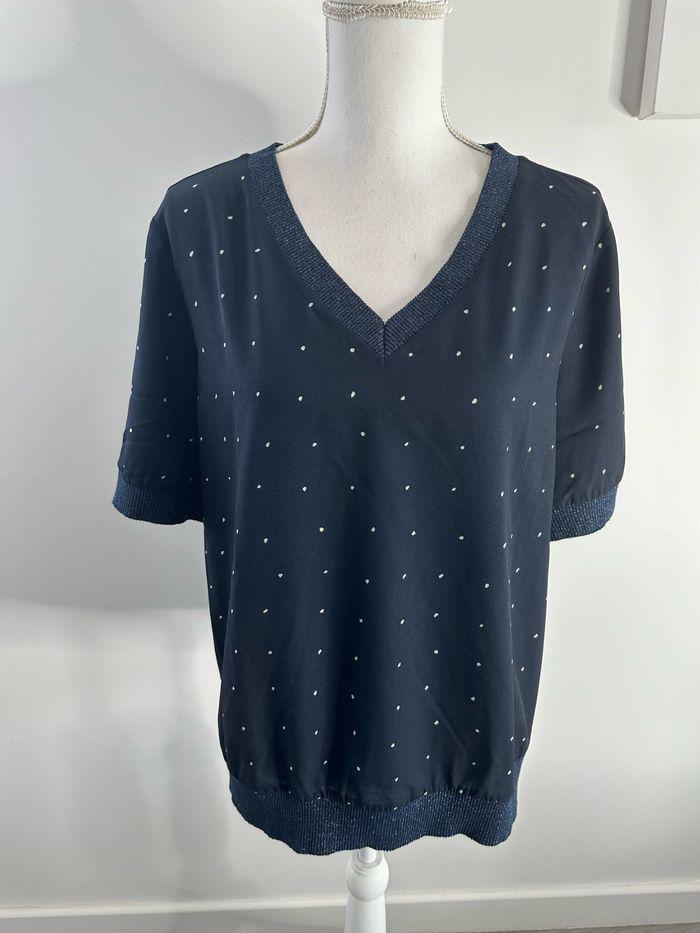 Blouse bleue marine et blanche pailletée à pois Un jour ailleurs UJA T3 40 L - photo numéro 1