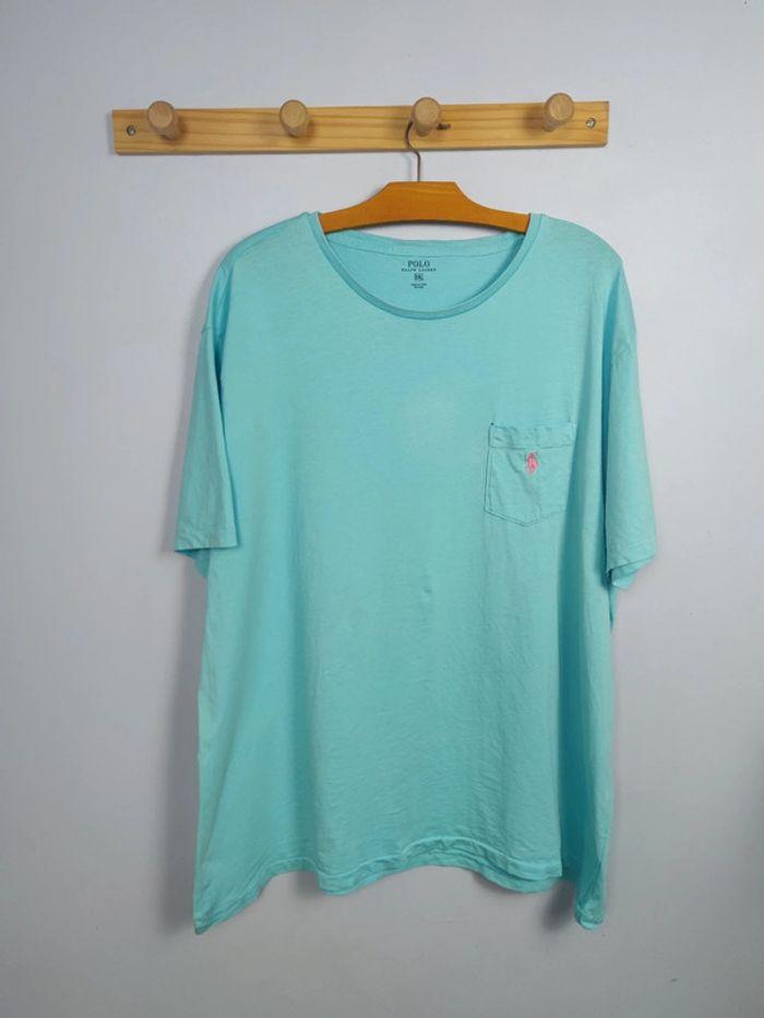 T-shirt Ralph Lauren Bleu Ciel Logo Brodé Rose Taille 2XL Homme - photo numéro 1