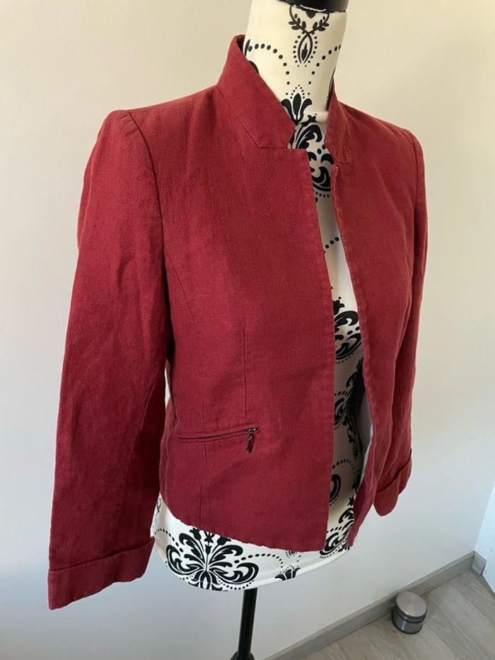 Veste blazer manches 3/4 bordeaux en lin caroll taille 38 - photo numéro 3