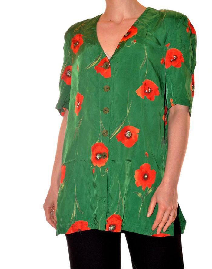 Long chemisier vintage à épaulettes fluide col V vert motif fleurs rouge coquelicot taille 44 - photo numéro 5