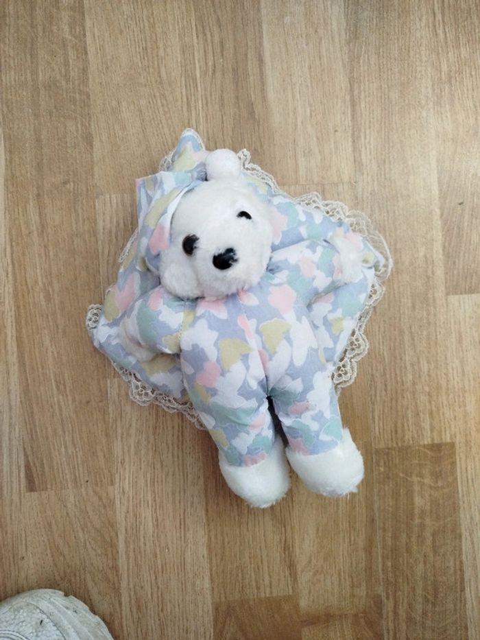 Doudou peluche ours blanc coussin papillon dentelle vintage - photo numéro 1