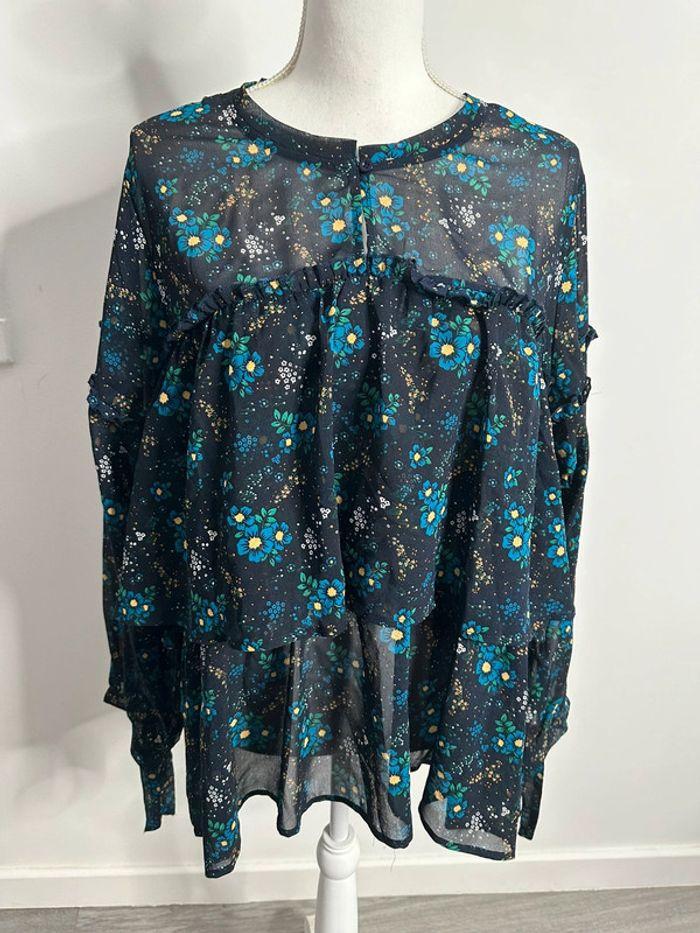 Blouse à fleurs bleue marine et bleue Venca T42 XL - photo numéro 1