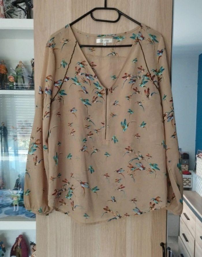 Blouse beige dessin oiseau Charlise - Taille L 40