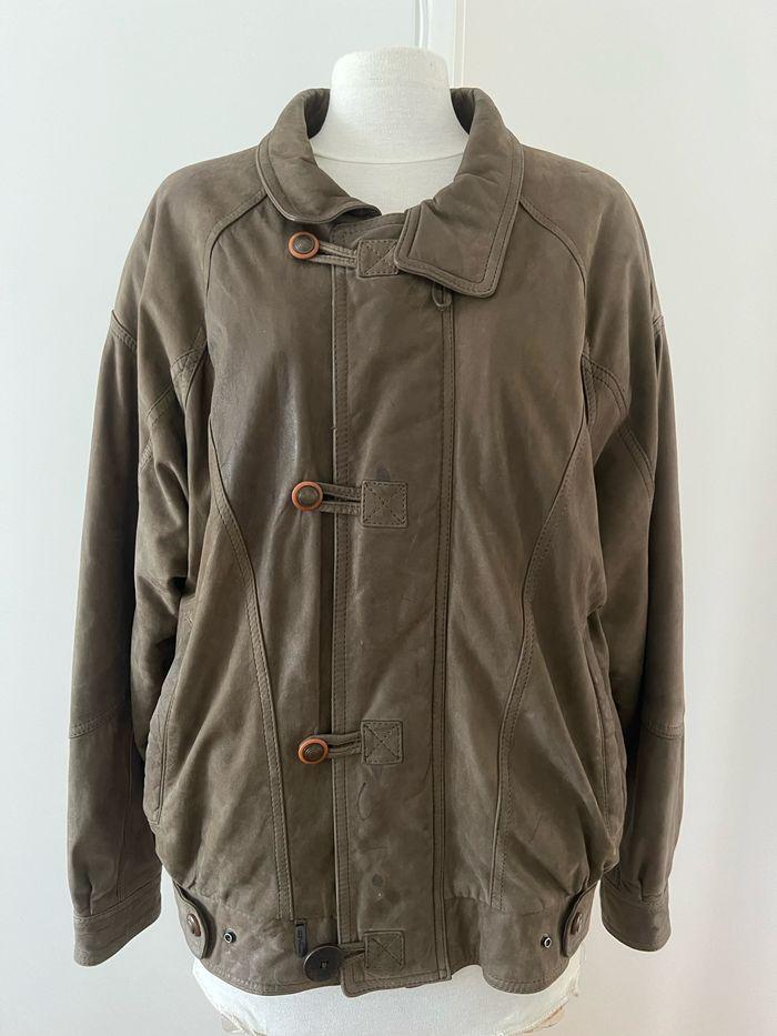 Veste col kaki cuir poche vintage chasseur casual / Jacket khaki leather collar zippers pocket - photo numéro 1