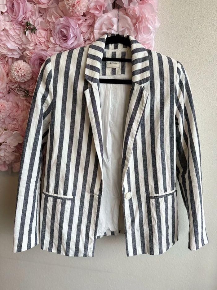 Blazer Pimkie blanc bleu en lin, taille 34 - photo numéro 1