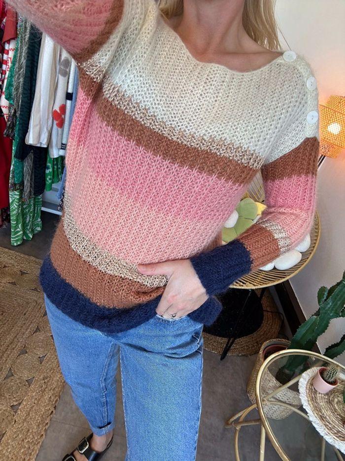 Pull "Tonia" Sézane maille colorée, laine kid mohair, taille XS oversize - photo numéro 2