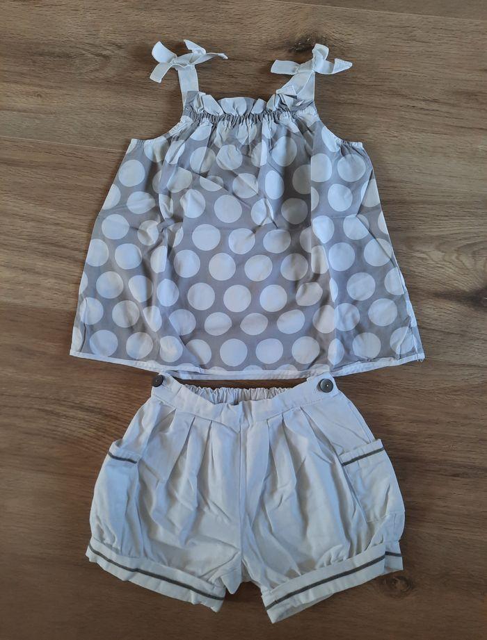 Ensemble été short blanc+ haut à bretelles gris/blanc à pois Jacadi 3 ans - photo numéro 1