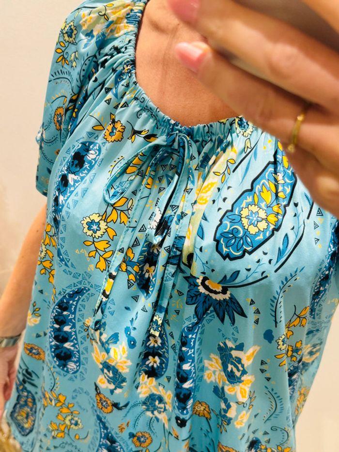 Blouse bleu turquoise à motif TU 36/42 B3 - photo numéro 2