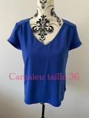 Blouse à manches courtes bleu col V camaïeu taille 36