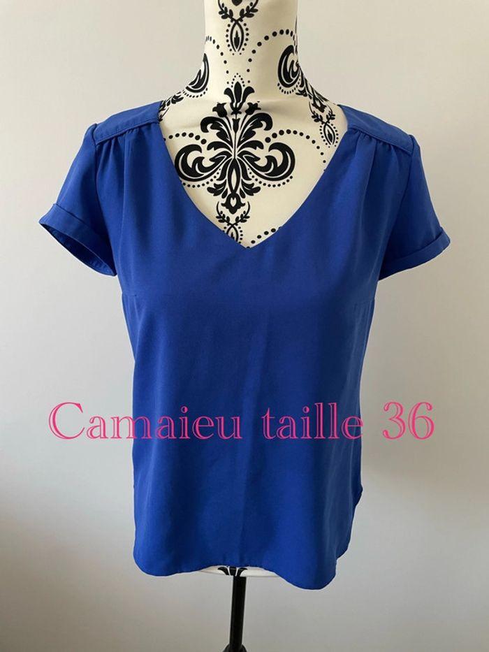 Blouse à manches courtes bleu col V camaïeu taille 36 - photo numéro 1