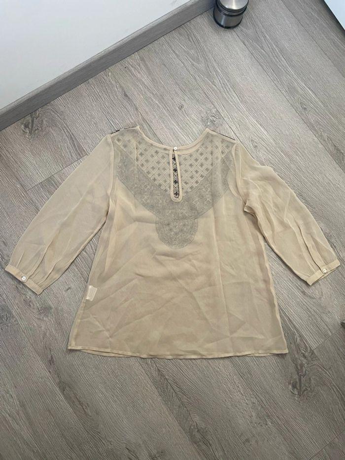 Blouse beige motif perle noir devant en voile manches 3/4 Sisley taille XS - photo numéro 7