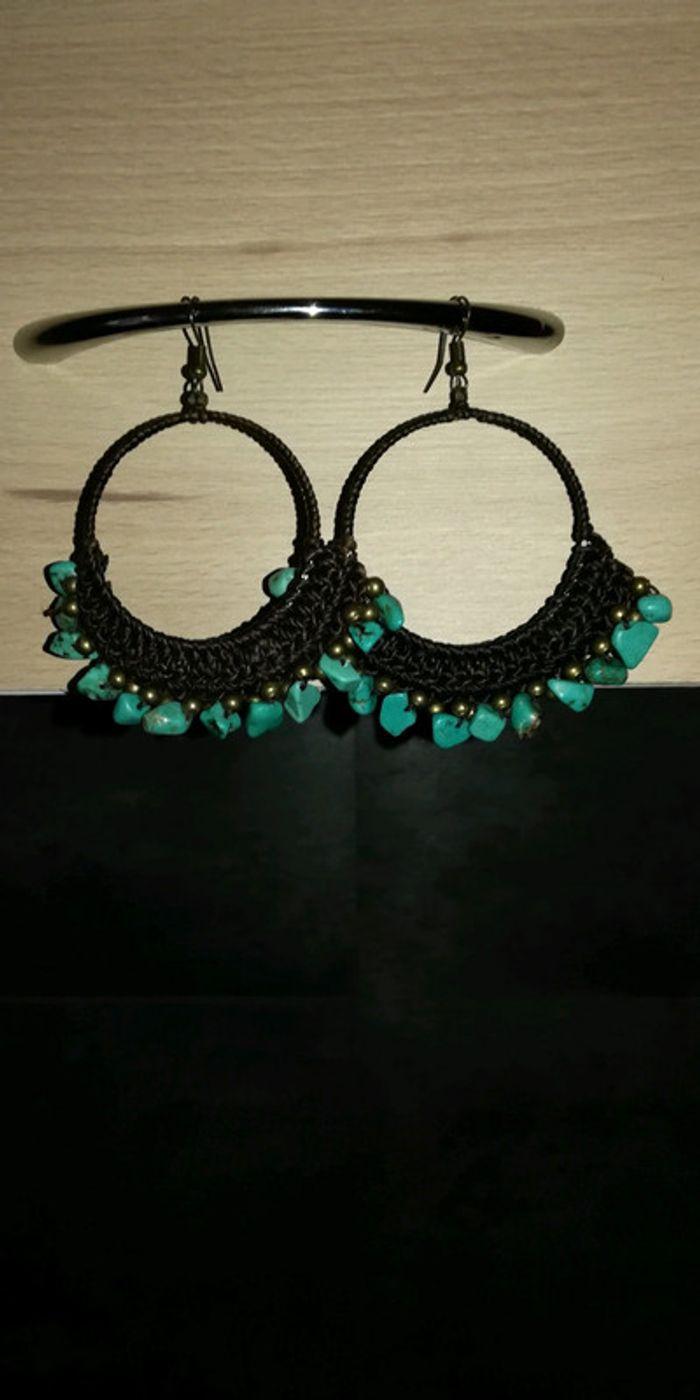 Boucles d'oreilles crochet et turquoise - photo numéro 1