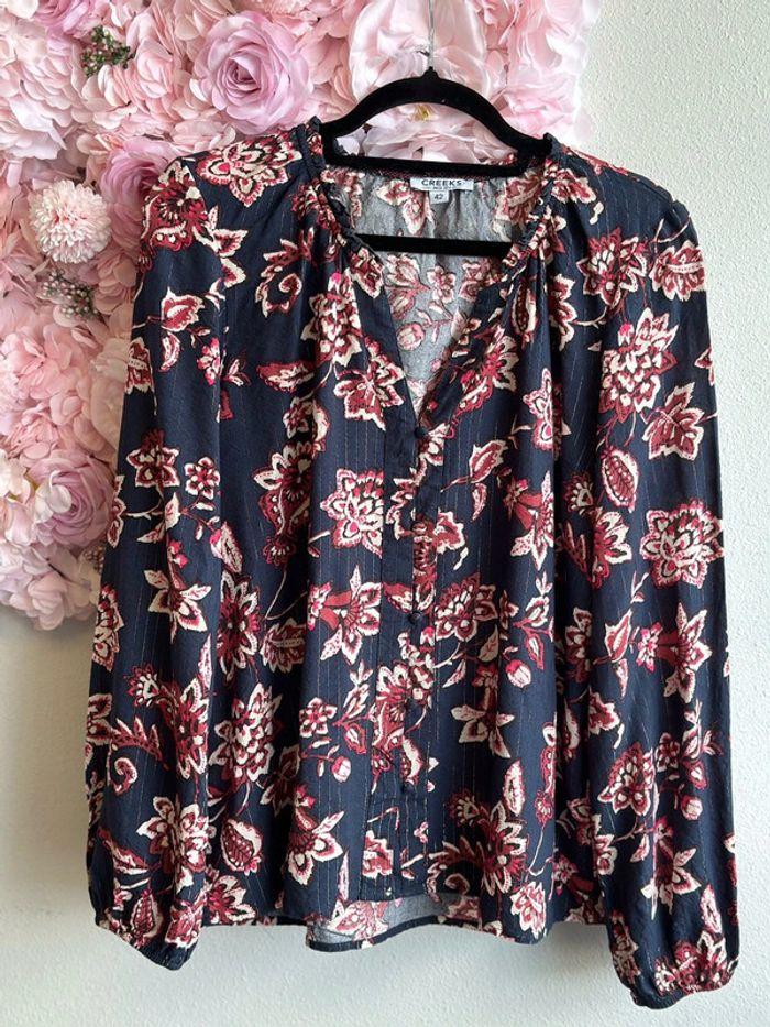 Blouse bohème Creeks marine avec imprimé floral rose et crème t.42 - photo numéro 1