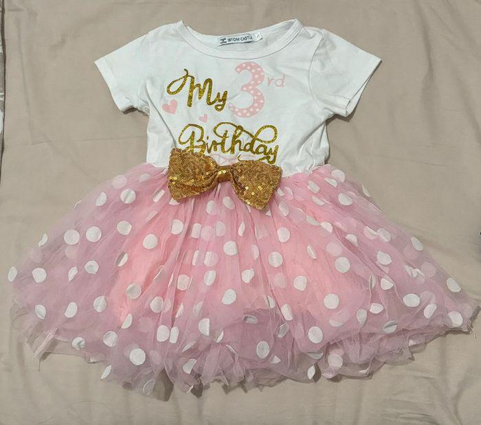 Robe t-shirt froufrou anniversaire 3 ans rose et blanche - photo numéro 1