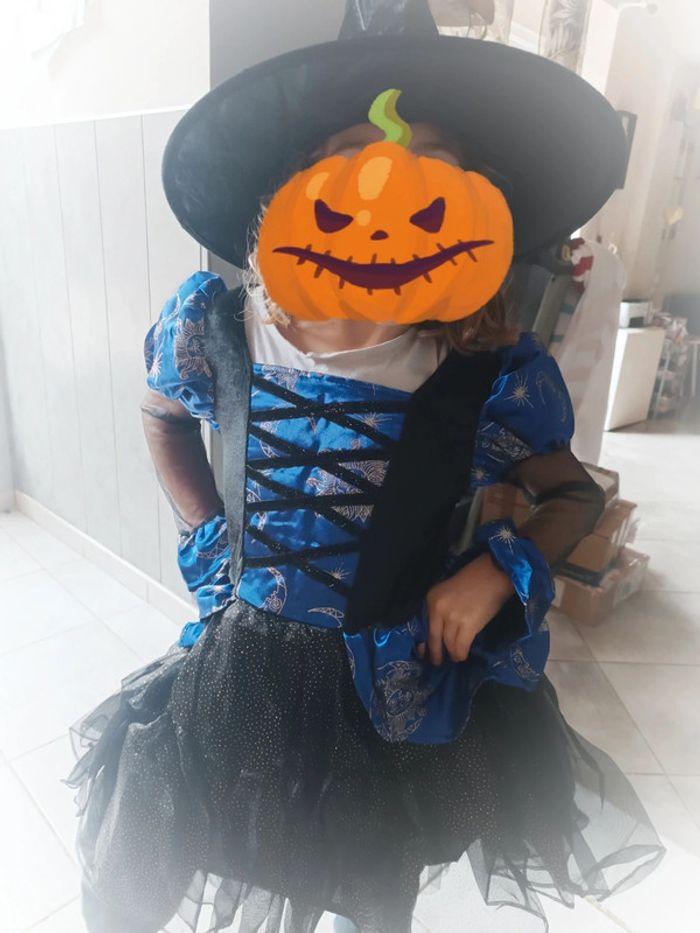 Déguisement robe dress halloween sorcière bleu blue chapeau witch 7 8 ans enfant costume 128 - photo numéro 2