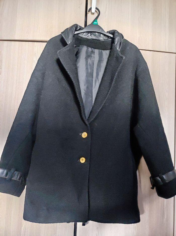 Manteau noir laine & simili cuir 40 - photo numéro 1