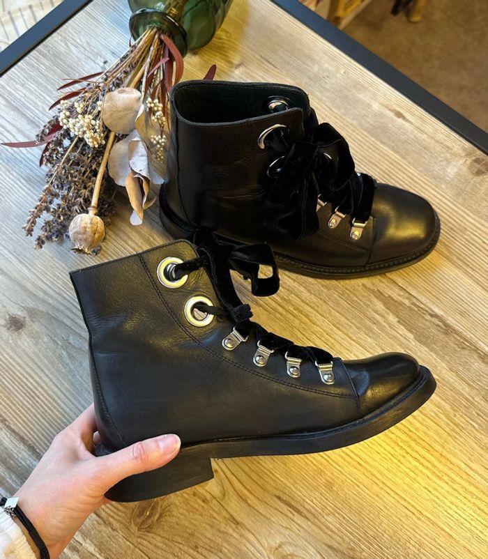 Bottines Claudie Pierlot en cuir noir et lacets en velours, modèle Aramis, pointure 36 - photo numéro 4