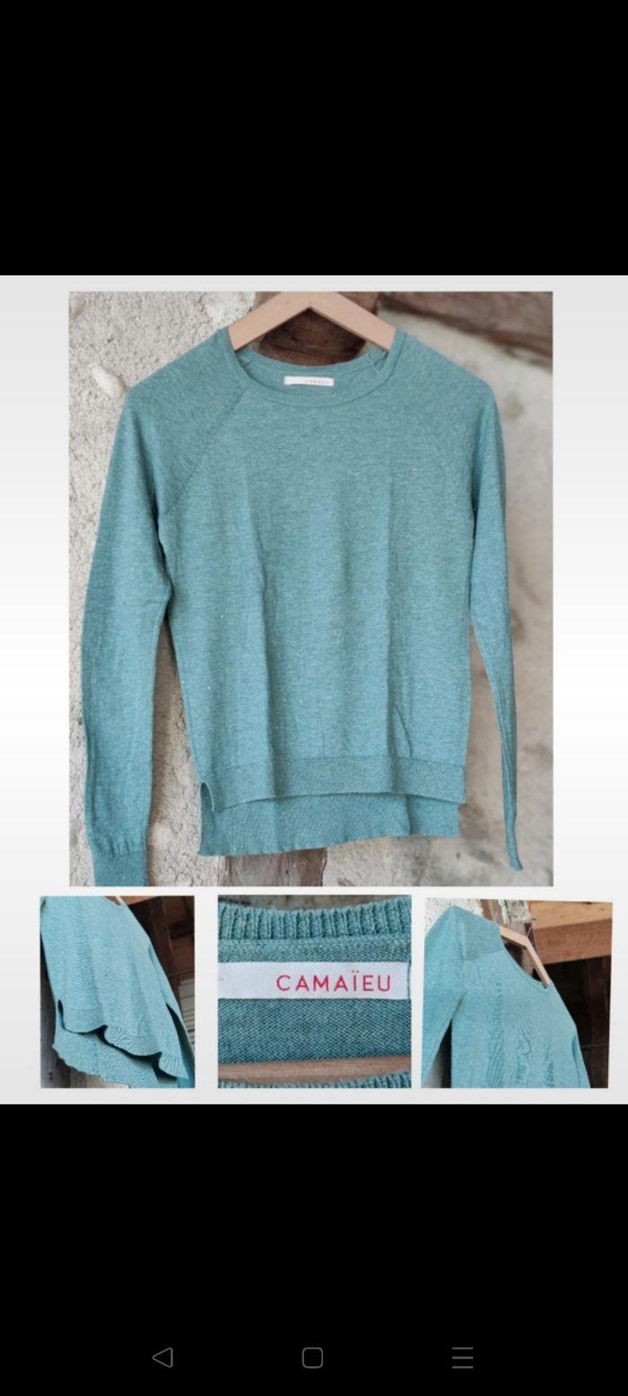 Pull fin doux légèrement pailleté vert d'eau Camaïeu taille 34 - photo numéro 1