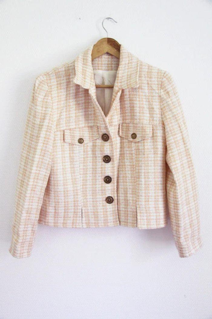 Vintage Made in France Veste en tweed couleur pêche/abricot et blanc - photo numéro 1