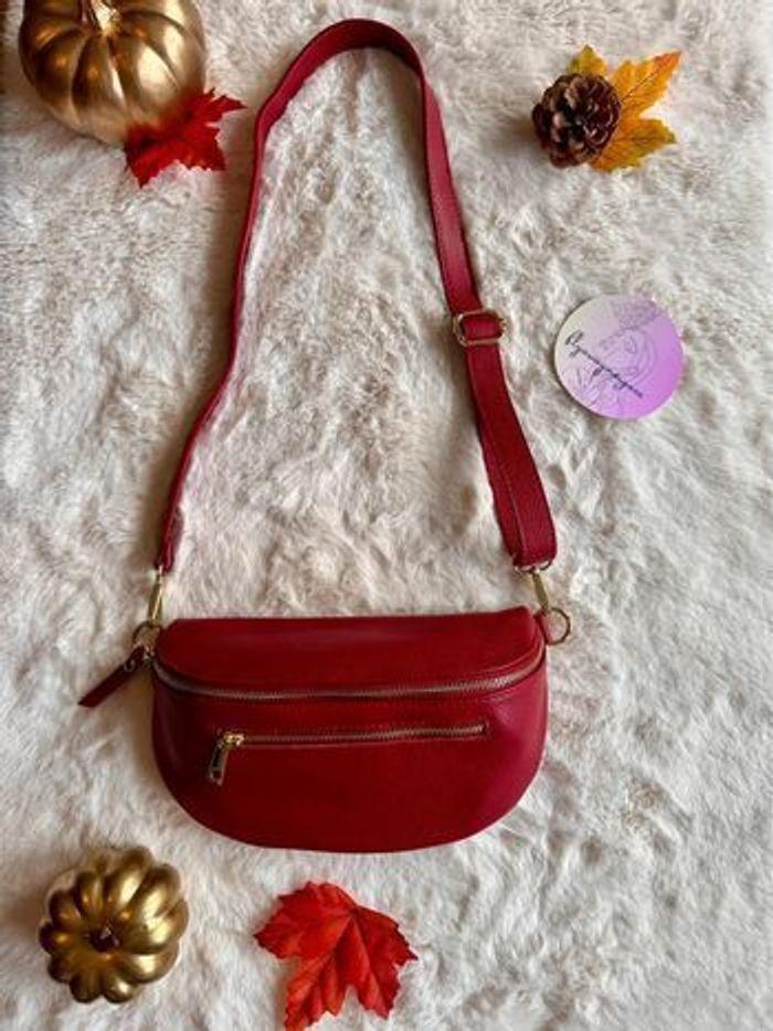 Sac Banane en cuir grainé 2 zips rouge 27x18 - photo numéro 4