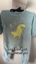 Lot de 2 Pyjama bébé garçon dinosaure animaux  3 mois bleu Neuf étiquette