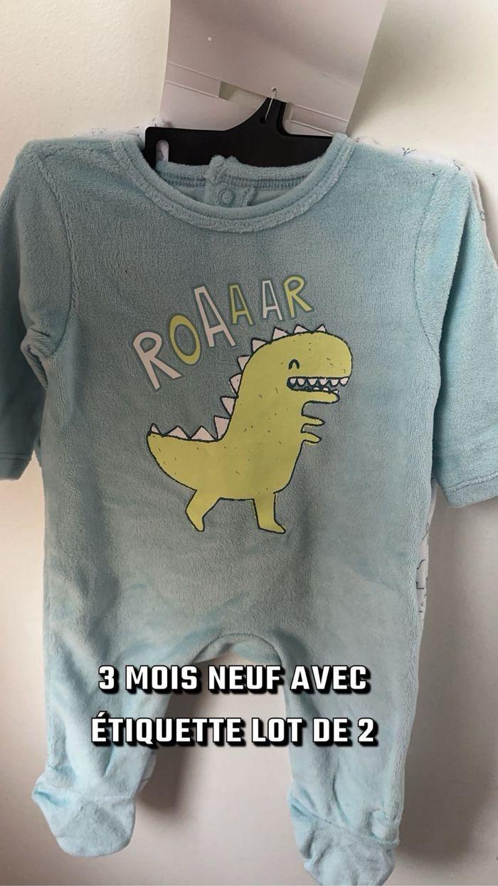 Lot de 2 Pyjama bébé garçon dinosaure animaux  3 mois bleu Neuf étiquette - photo numéro 1