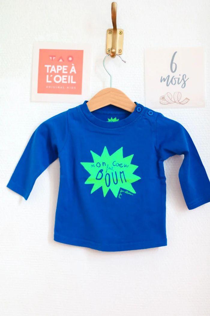 T-shirt bleu manches longues motif vert, TAO, 6 mois - photo numéro 1