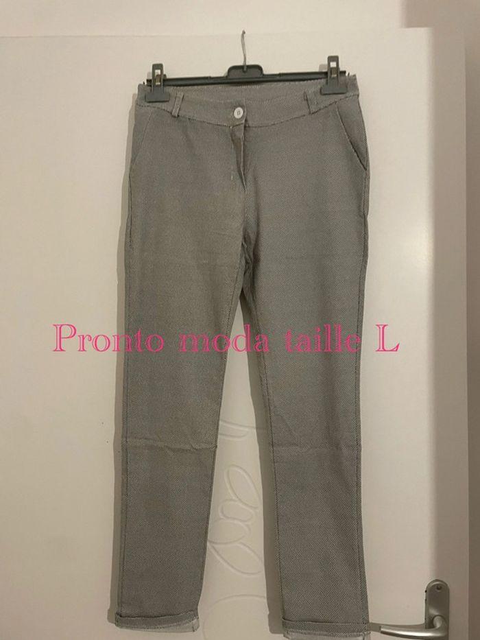 Pantalon blanc motifs noir super extensible confortable coupe 7/8 taille haute pronto moda taille L - photo numéro 1