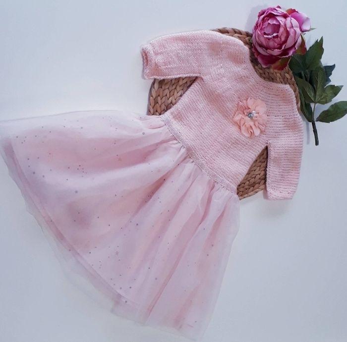 Vêtement robe tulle princesse pour cérémonie baptême mariage fait main au tricot pour fille 3 ans rose et grise - photo numéro 1