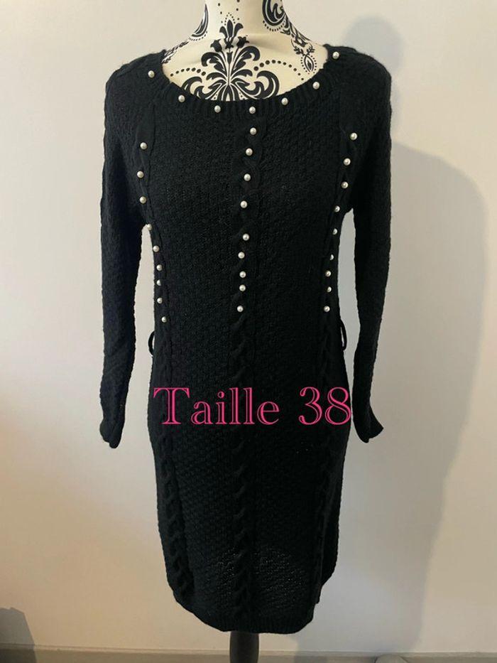 Robe pull à manches longues noir a perles blanc taille 38 - photo numéro 1