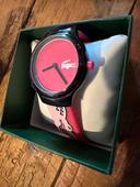 NEUF Montre Lacoste rose crocodile femme fille bracelet caoutchouc noir dessin coffret cadeau