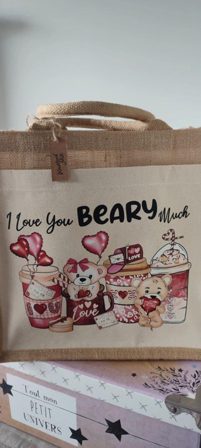 Neuf sac toile de jute motif ourson Teddy love - photo numéro 2