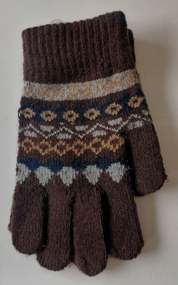 Paire de gants en laine marron bleu marine Taille unique - photo numéro 3