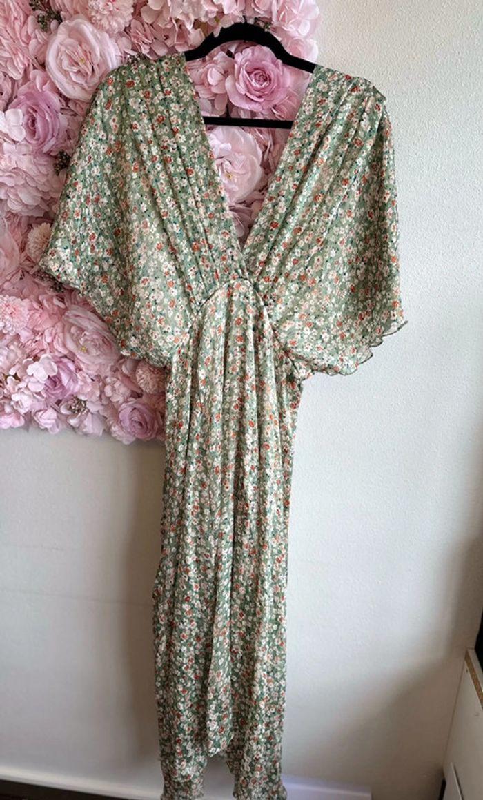 Robe longue Holly&Joey imprimée fleurs vert clair et lurex argenté, taille 36/38 - photo numéro 1