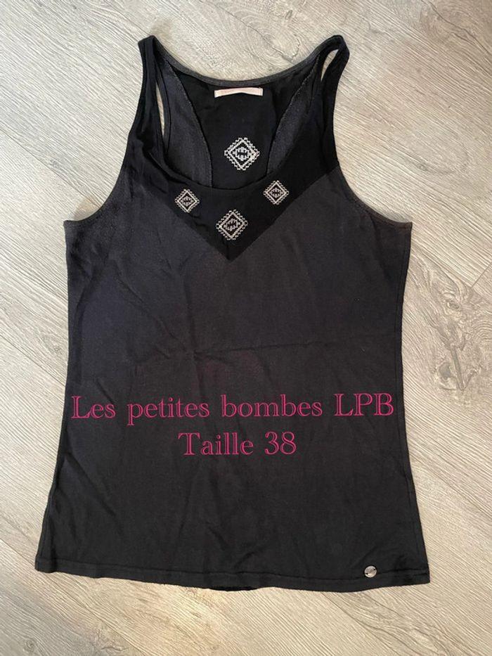 Débardeur à large bretelle dos nageur noir motifs blanc les petites bombes LPB taille 38 - photo numéro 1