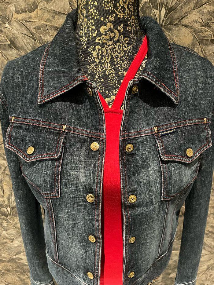 Veste blue jean originale boutons dorés et fils rouges M - photo numéro 8