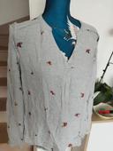 Superbe blouse manches longues grise Camaïeu avec fleurs rouges