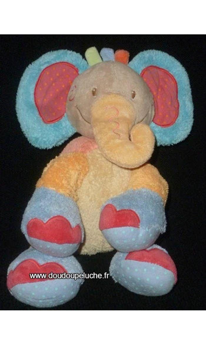 Doudou éléphant Nattou jaune orange bleu