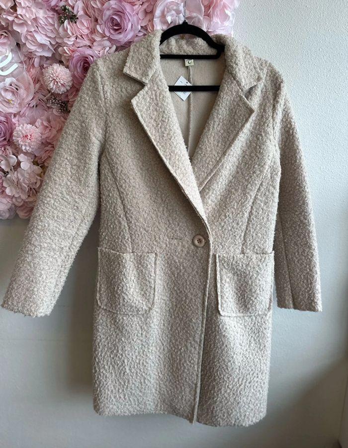 Manteau teddy, Fabriqué en Italie mi-long en bouclette crème, S/M - photo numéro 3