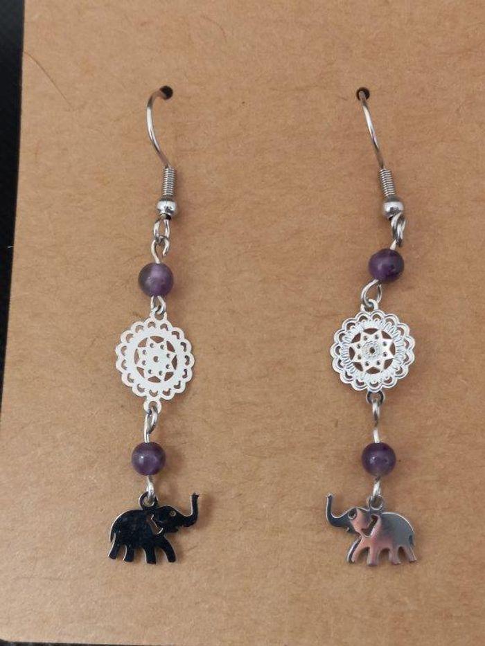 Boucles d'oreilles éléphant et améthyste 4 mm - photo numéro 1