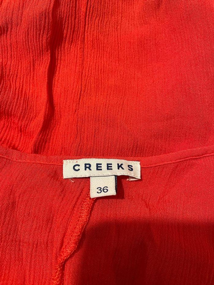 Blouse rouge corail manche longue dentelle epaule et poignet lien noeud devant neuf creeks taille 36 - photo numéro 5