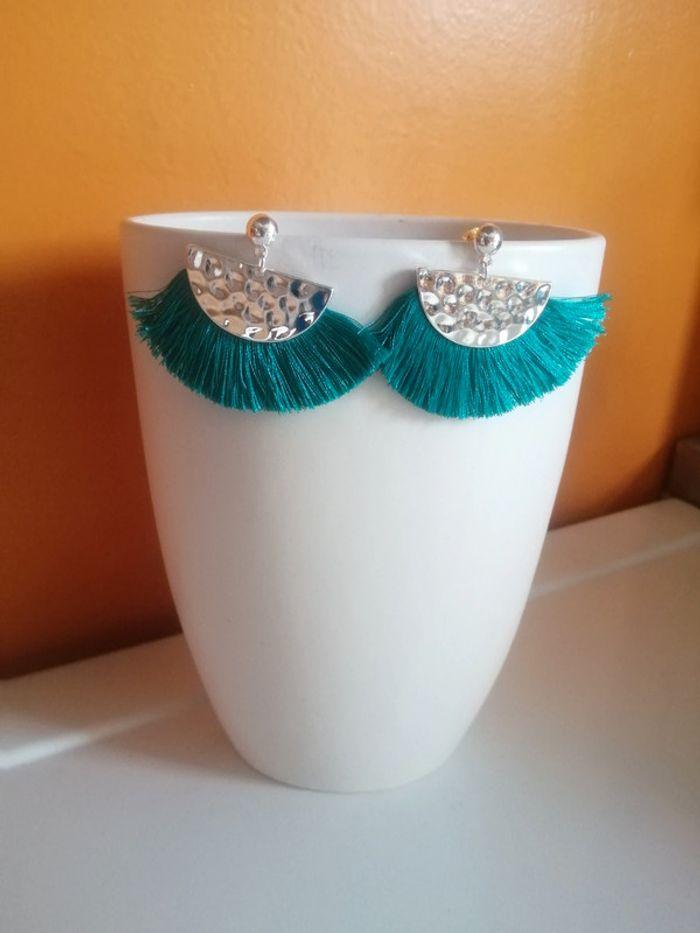 🌸Boucles d'oreilles éventail turquoise /argentées "Mango" 🌸 - photo numéro 1